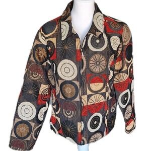Christopher & Banks Tapestry Jacket Womens Medium Brown‎ Red Circle Zip Casual